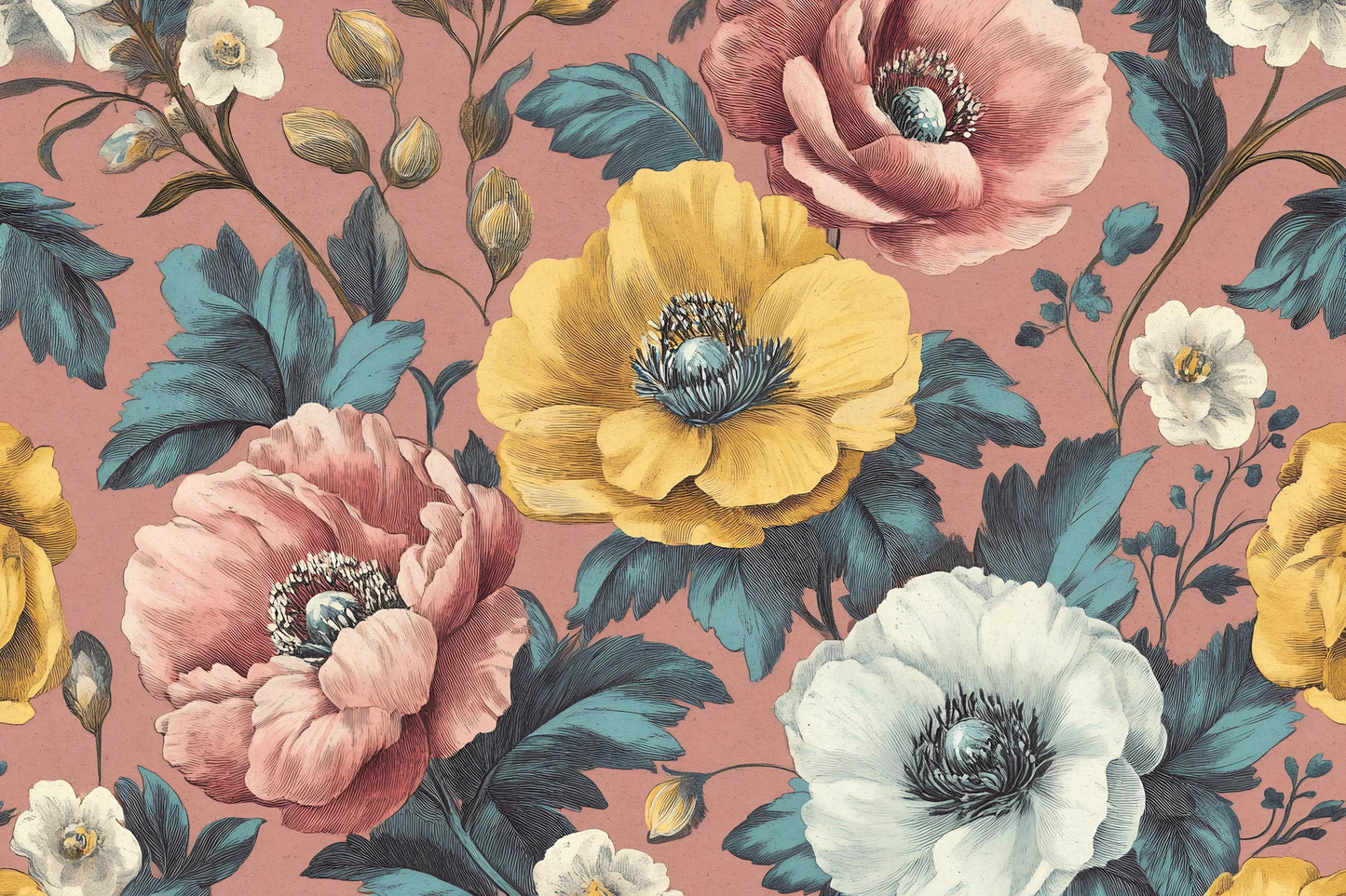 Vintage Floral Wall Mural – Large Botanical Flowers Wallpaper Vn1023