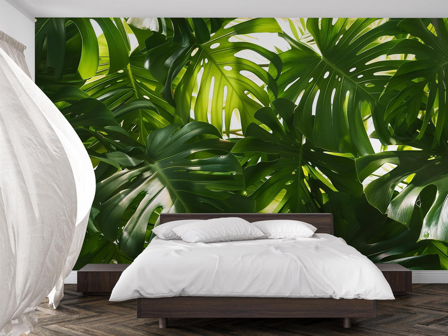 Tropical Leaf Wall Mural – Monstera Jungle Wallpaper, Botanical Greenery Accent Wall Decor for Bedroom or Living Room Vn1062
