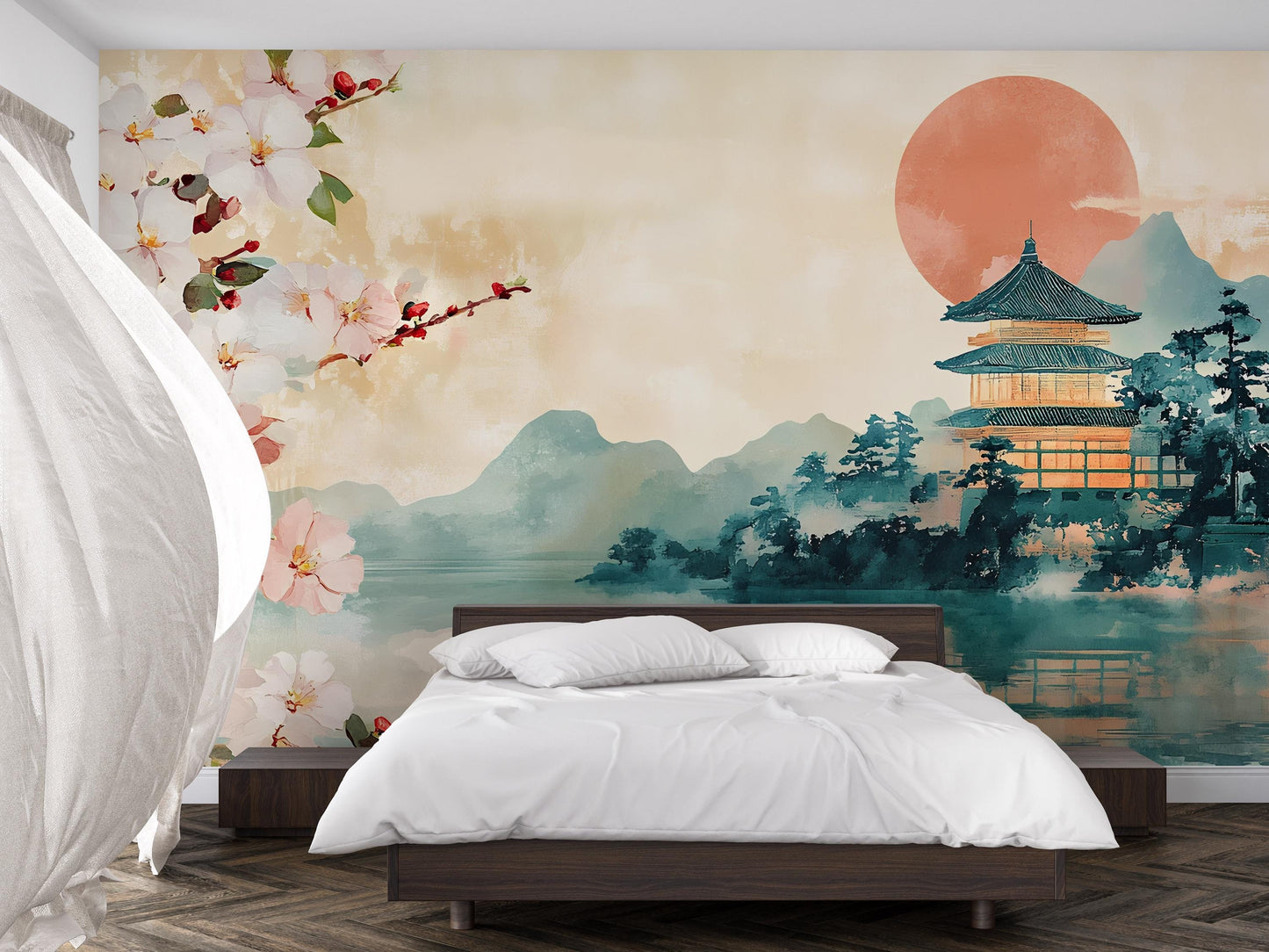 Japanese Wall Mural with Cherry Blossoms & Pagoda – Tranquil Nature Bedroom Wallpaper – Asian Landscape Wall Art Décor Vn488