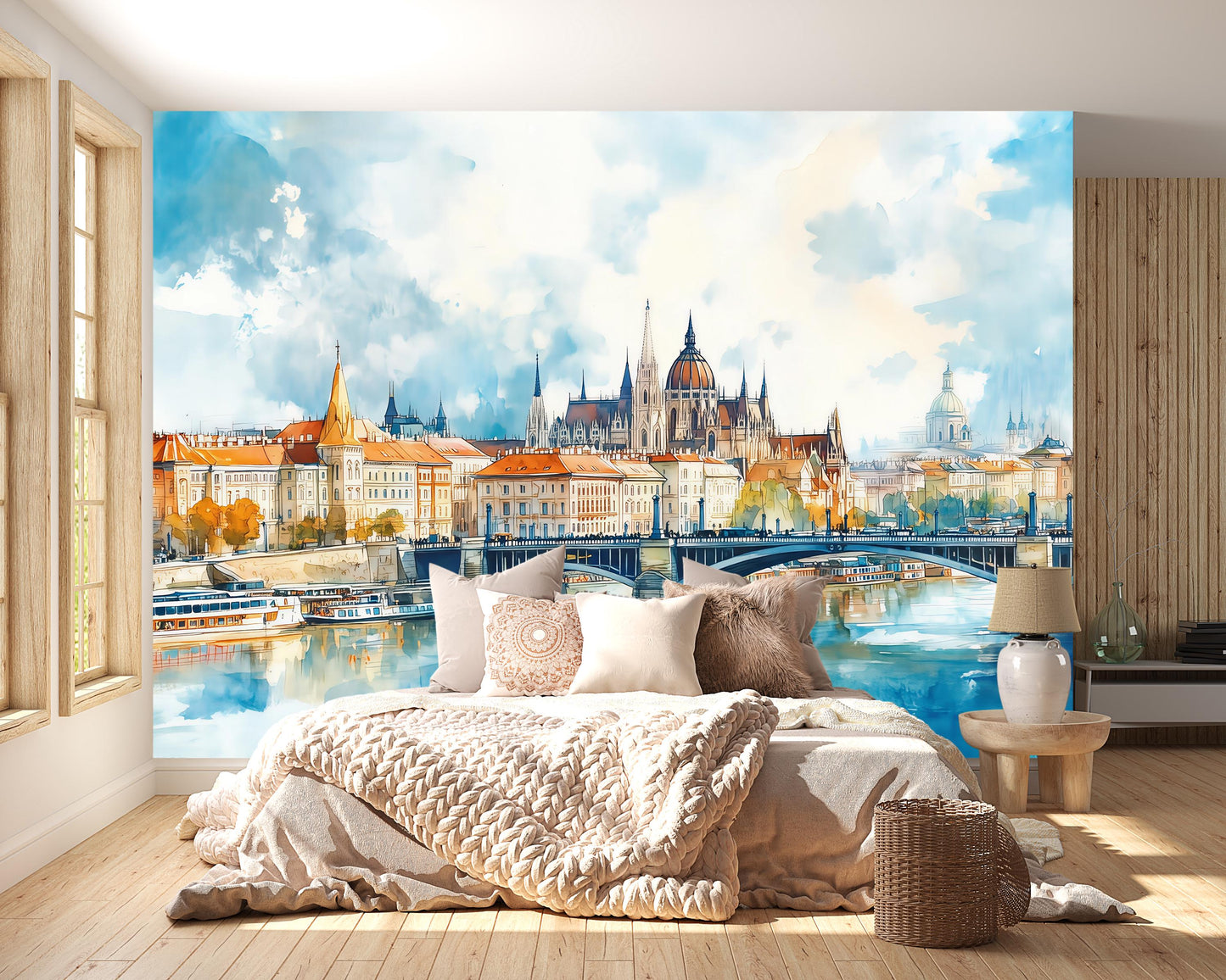 Budapest Parliament Wall Mural – Hungary Watercolor Cityscape Wallpaper Vn937