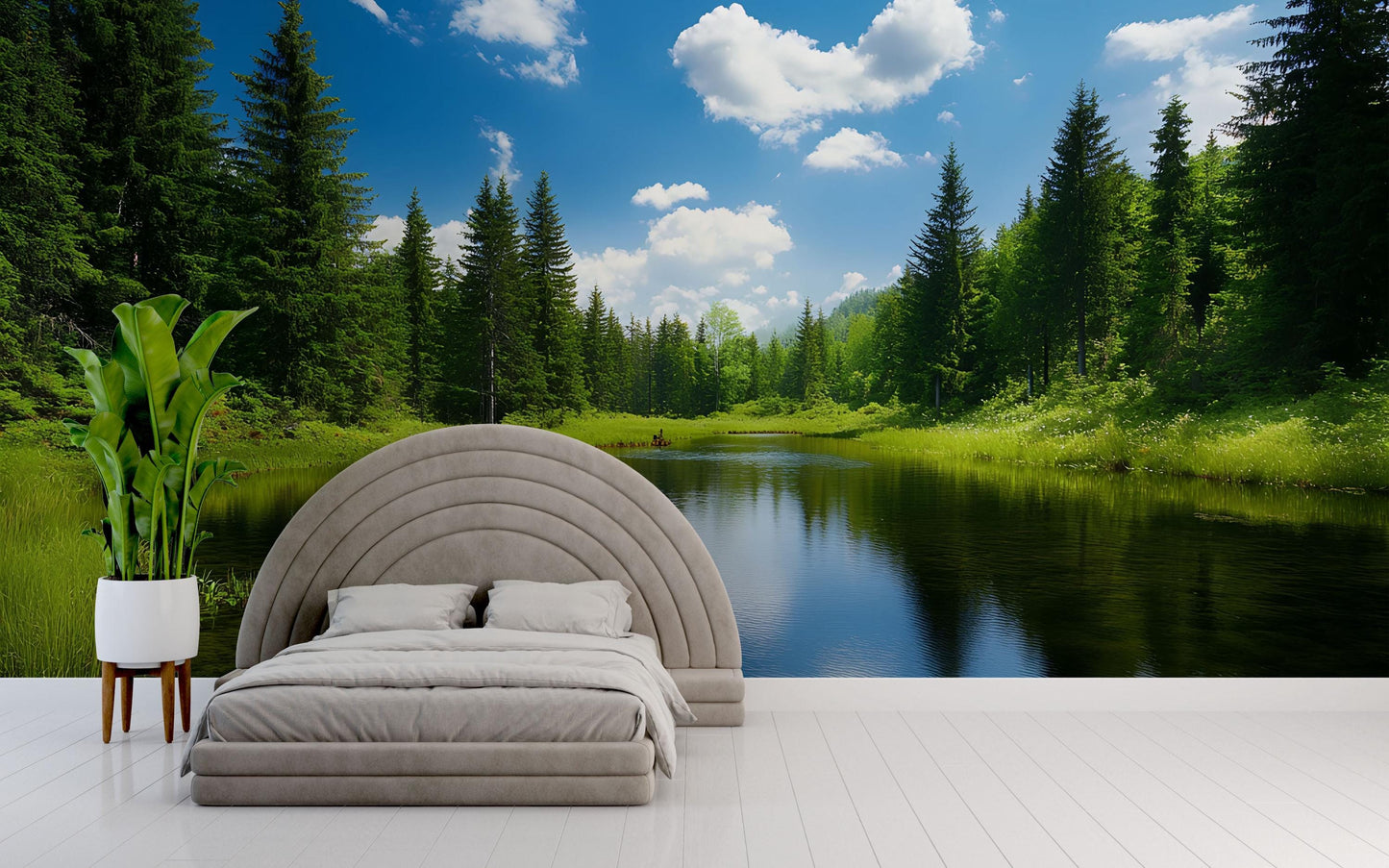 Tranquil Forest Lake Wall Mural – Nature Bedroom Wallpaper, Scenic Lake View Mural for Tranquil Interior Decor Vn685