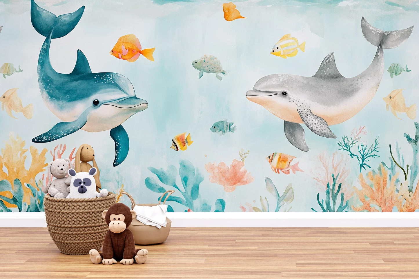 Dolphin Wall Mural – Ocean Nursery Wallpaper with Coral Reef & Colorful Fish Vn989