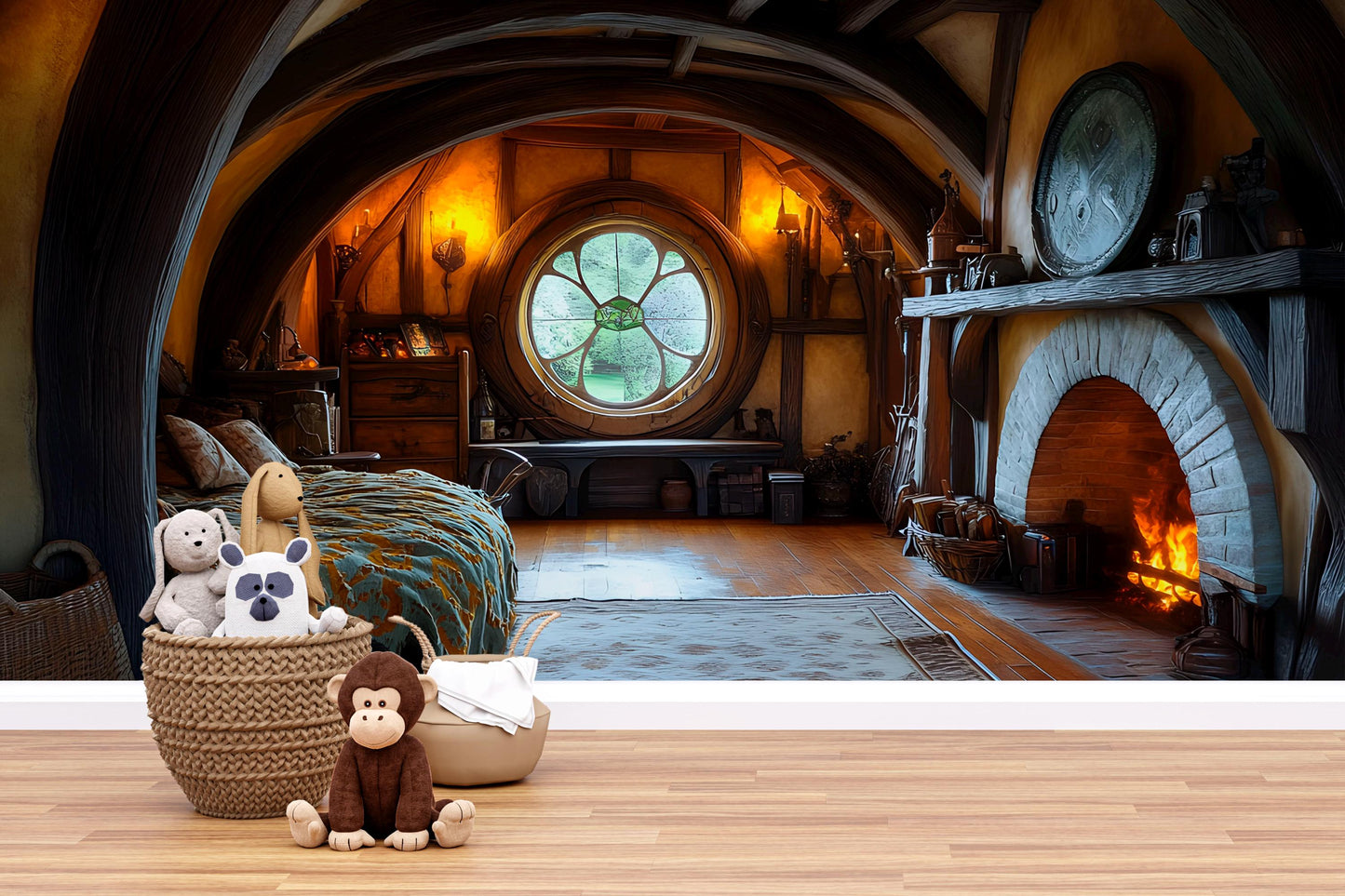 Hobbit Nursery Wall Art | Cozy Fantasy Baby Room Decor | Rustic Hobbiton Fireplace Print | Whimsical Nursery Interior Artwork Vn604