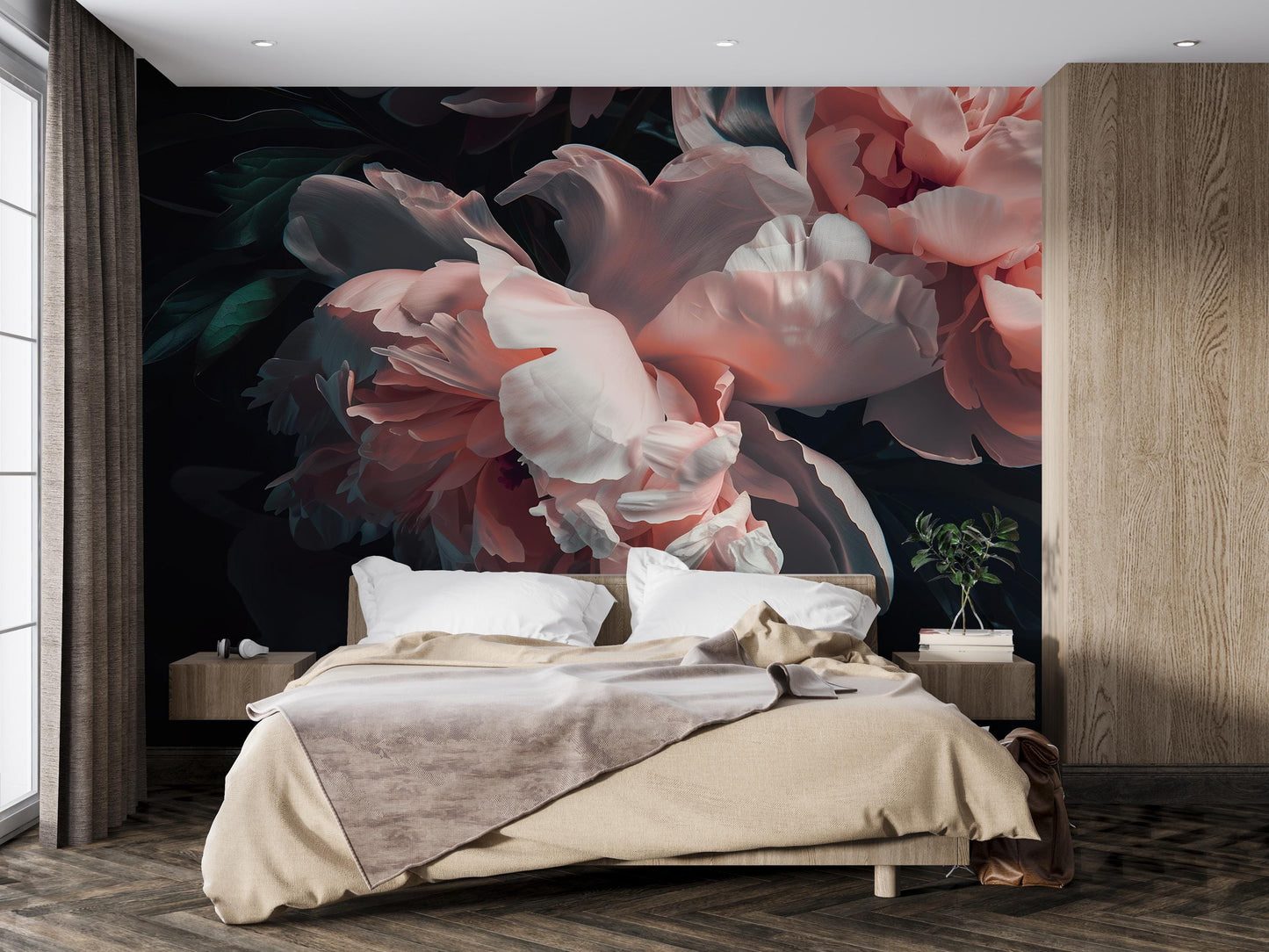 Dark Floral Mural Wallpaper – Large Pink Peony Wall Art for Bedroom Décor Vn1047