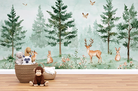 Woodland Forest Animal Nursery Wallpaper – Deer, Bunny, Tree Wall Mural for Baby Room, Nature Theme Wall Decor Vn262