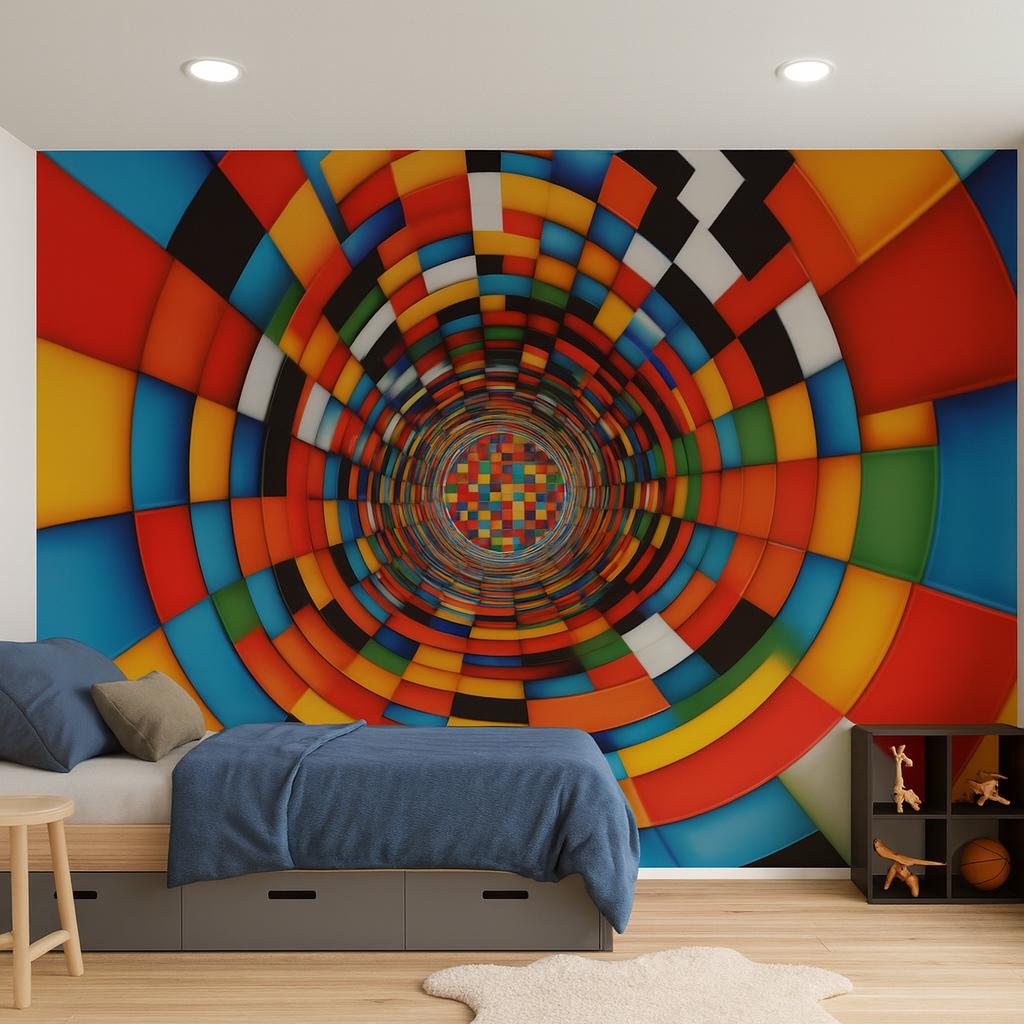 Colorful 3D Tunnel Wall Mural – Kids Room Optical Illusion Wallpaper Vn912