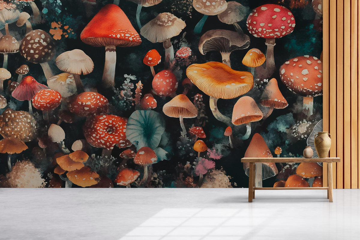 Whimsical Mushroom Forest Wall Mural - Fantasy Botanical Wallpaper for Boho Home Décor, Dark Cottagecore Wall Art Vn215