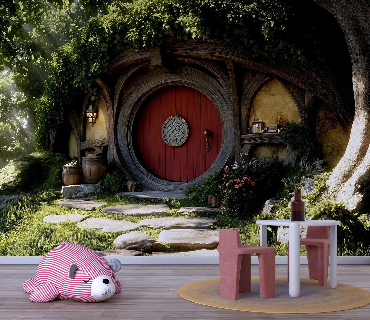 Hobbit Nursery Wall Mural – Fantasy Woodland Door Backdrop | Cozy Kids Room Decor | Enchanted Hobbit Hole Wallpaper Vn606