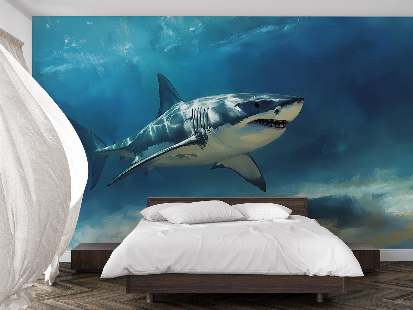 Shark Wall Mural for Bedroom – Ocean Underwater Theme – Great White Shark Art Wallpaper – Cool Boys Room Decor – Large Sea Life Mural Vn387