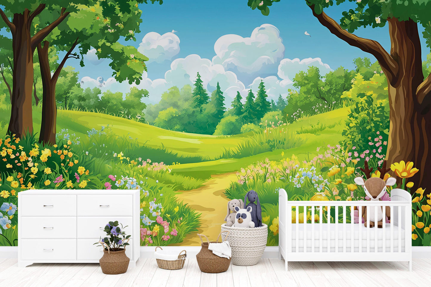 Whimsical Forest Meadow Wall Mural for Kids Room – Nature Cartoon Landscape Wallpaper for Nursery or Playroom Decor Vn618