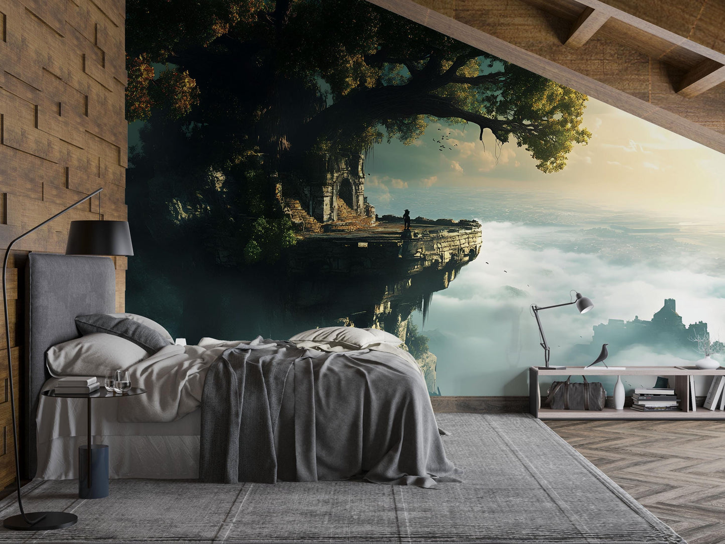 Fantasy Cliff Ruins Wall Mural – Enchanted Tree Landscape Wallpaper, Adventure Kids Room Decor Vn868