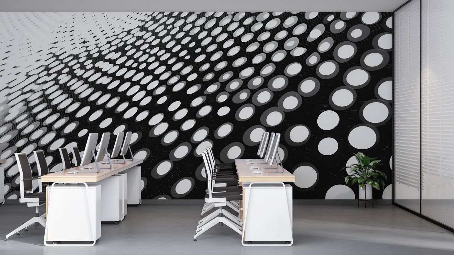 3D Dot Wall Mural – Black and White Optical Illusion Wallpaper, Modern Geometric Accent Wall for Office or Home Vn850