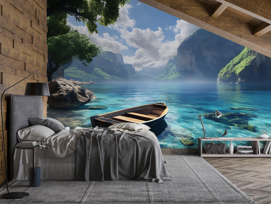 Scenic Lake Mountain Wall Mural for Bedroom | Nature Landscape Wallpaper | Tranquil Lake Wall Art | Serene Retreat Wall Decor Vn573