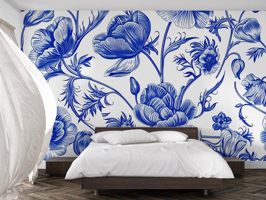 Blue Floral Wall Mural, Vintage Botanical Wallpaper, Elegant Flower Wall Art Decor Vn1059