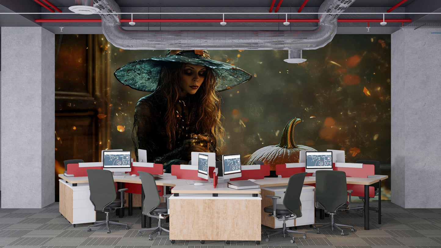 Witch and Jack-o’-Lantern Wall Mural – Spooky Halloween Wallpaper for Party or Store Decor Vn789