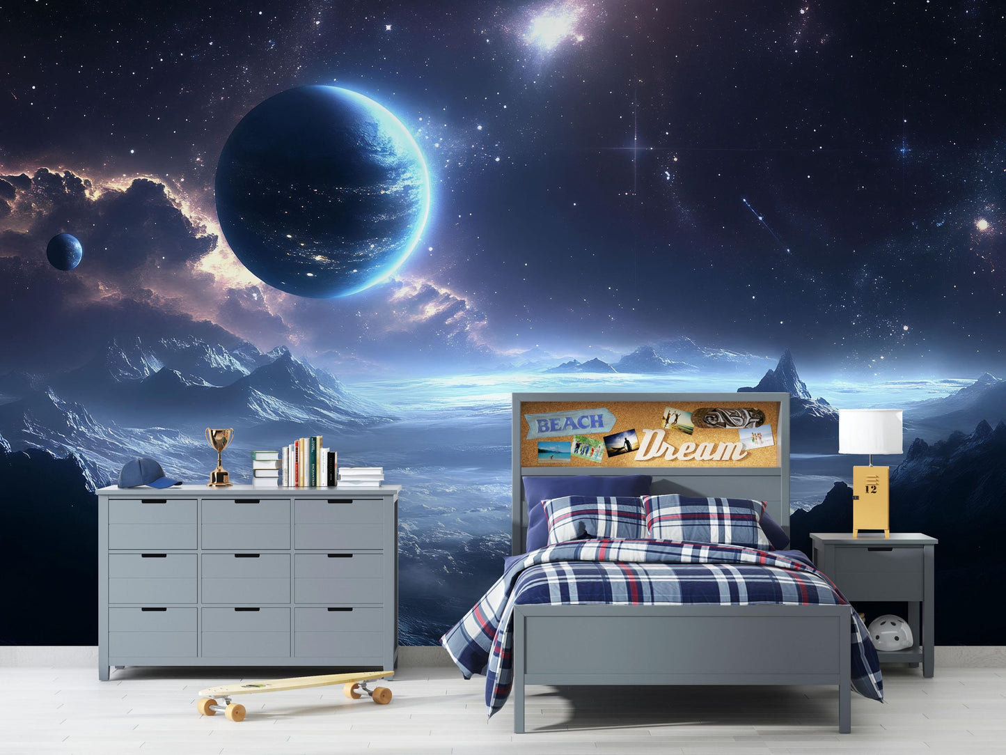 Blue Cosmic Planet Wall Mural – Galaxy Wallpaper for Kids Bedroom Decor Vn871