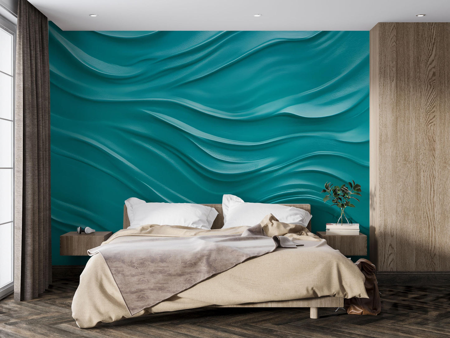 3D Teal Wave Wall Art Mural – Modern Bedroom Accent Wallpaper, Ocean-Inspired Abstract Texture, Bold Home Decor for Sloped Walls Vn651