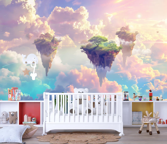 Fantasy Floating Islands Wall Mural – Dreamy Sky & Clouds Wallpaper, Magical Kids Room Decor, Surreal Accent Wall Art Vn1081