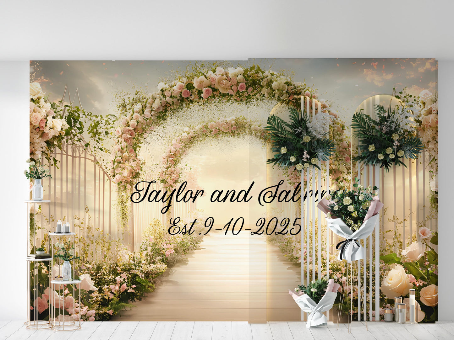 Elegant Floral Wedding Backdrop Sign - Personalized Arch Design with Names & Date - Custom Wedding Decor Vn510
