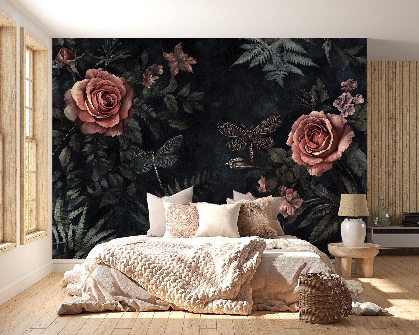 Dark Rose & Dragonfly Wall Art – Vintage Botanical Print Vn956