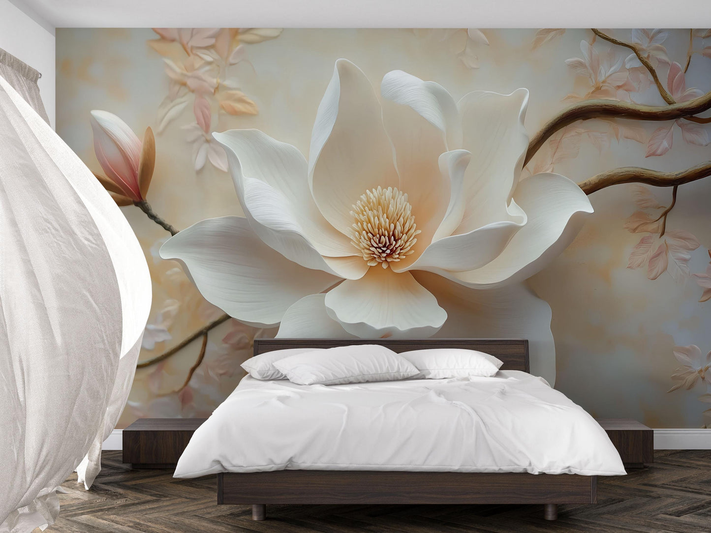 Large Magnolia Flower Mural – 3D Effect Botanical Wall Art for Bedroom or Living Room Vn766