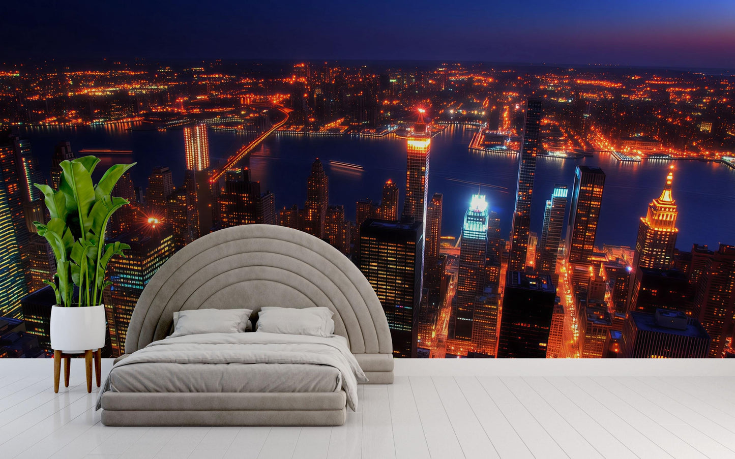 NYC Aerial Night Skyline Wall Mural – New York City Lights Wallpaper for Bedroom Vn896