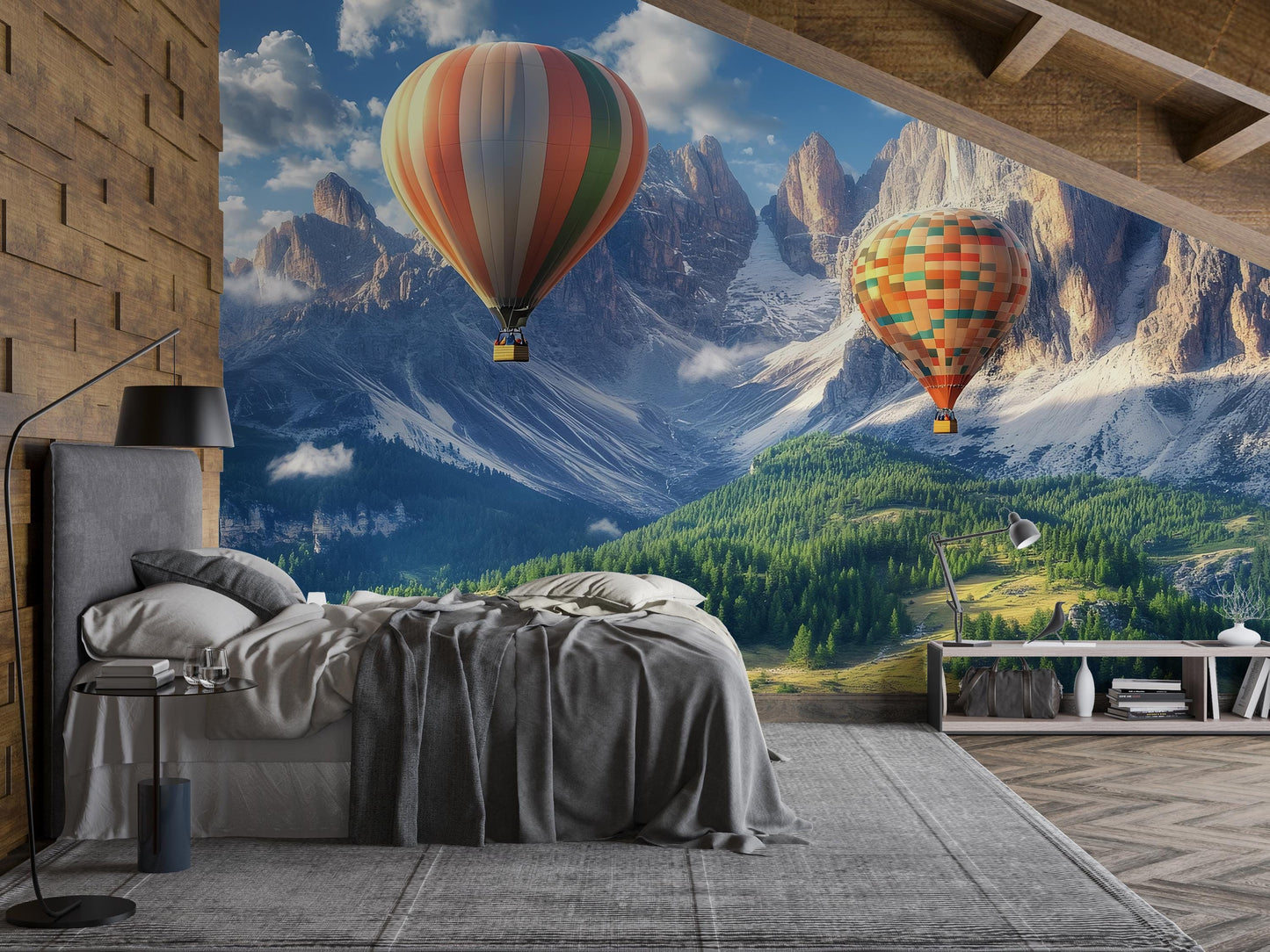 Hot Air Balloon Mountain Wall Mural – Scenic Nature Wallpaper for Kids Bedroom, Nursery, or Playroom – Removable Vinyl Art Vn381
