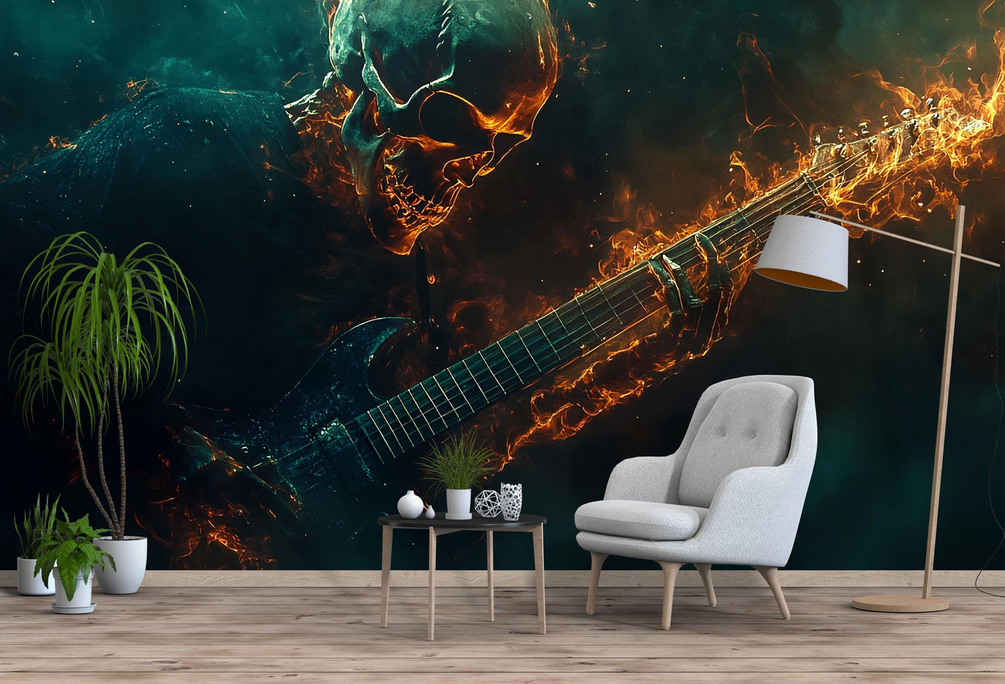 Flaming Skeleton Guitar Wall Mural – Heavy Metal Bedroom Art Decor Vn715