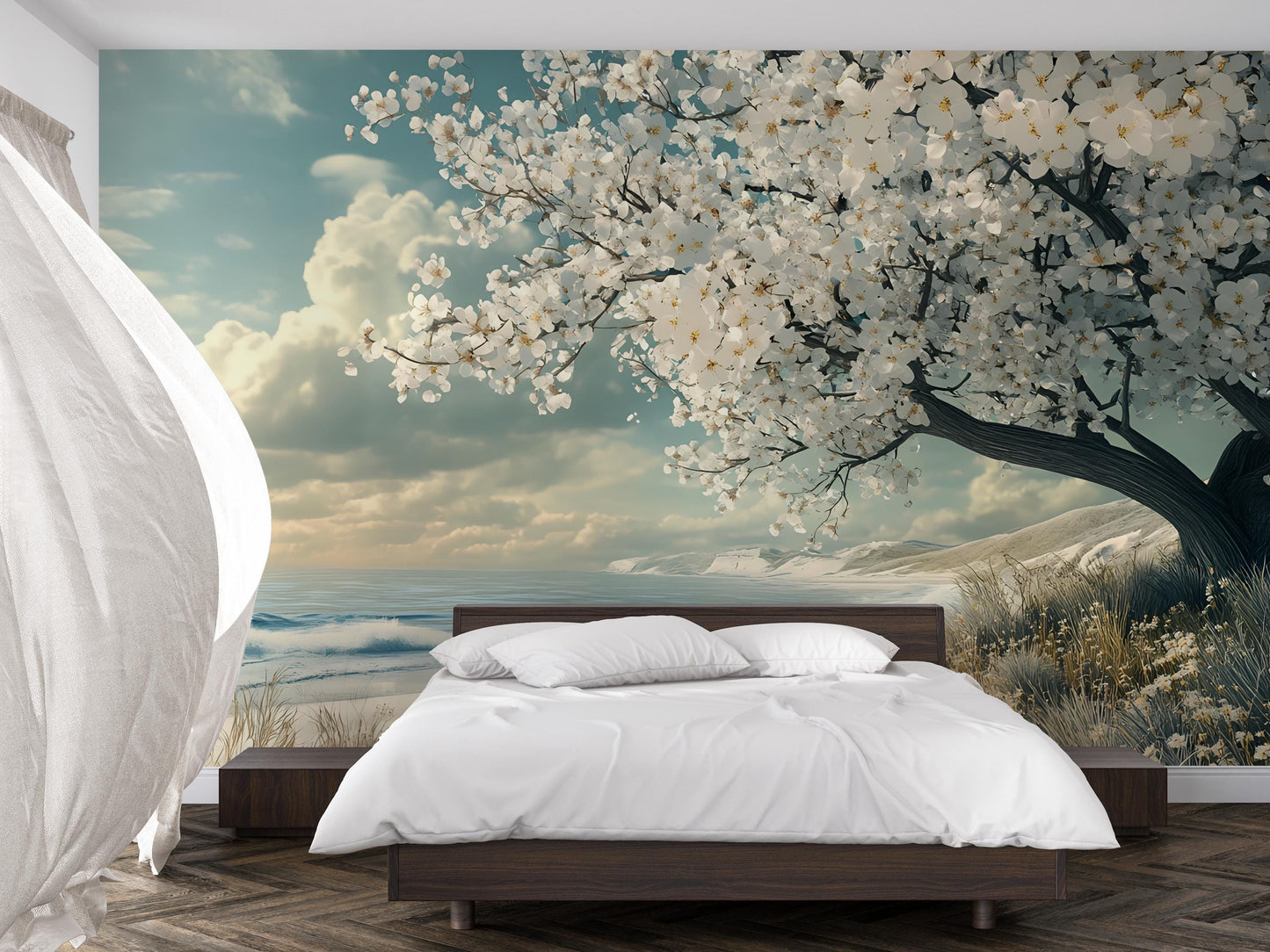 Cherry Blossom Tree Wall Mural | Coastal Bedroom Wall Art | Tranquil Beach Landscape Wallpaper | Boho Japandi Decor Accent Vn571