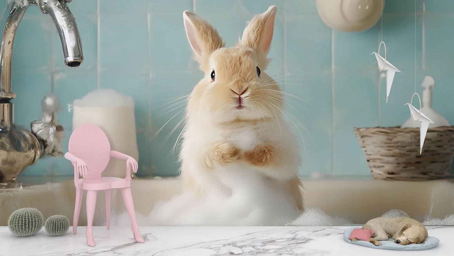 Cute Bunny Bath Wall Mural – Adorable Rabbit Bathroom Decor | Whimsical Animal Print for Nursery, Spa, or Kids' Room Vn681