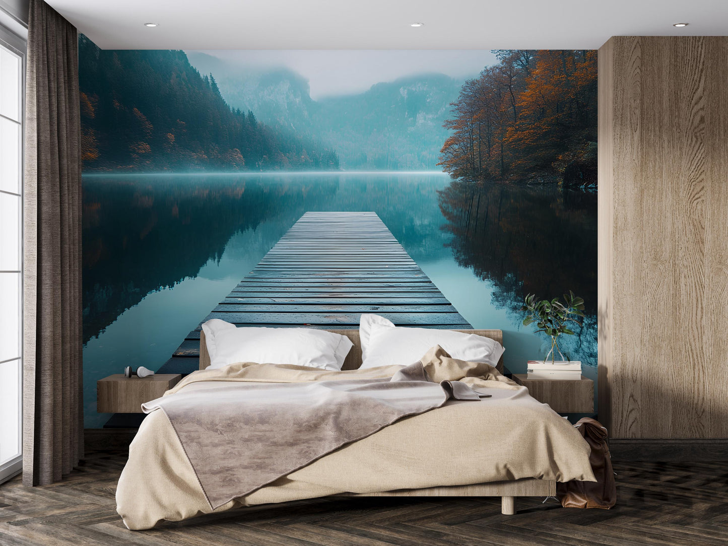 Serene Lake Pier Wall Mural – Tranquil Forest Water Landscape Wallpaper for Bedroom or Living Room Art Vn480