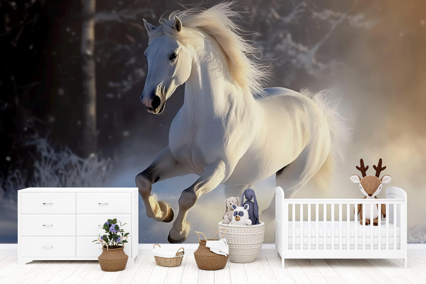 White Horse in Snow Wall Mural – Majestic Winter Stallion Wallpaper for Bedroom or Living Room  Vn782