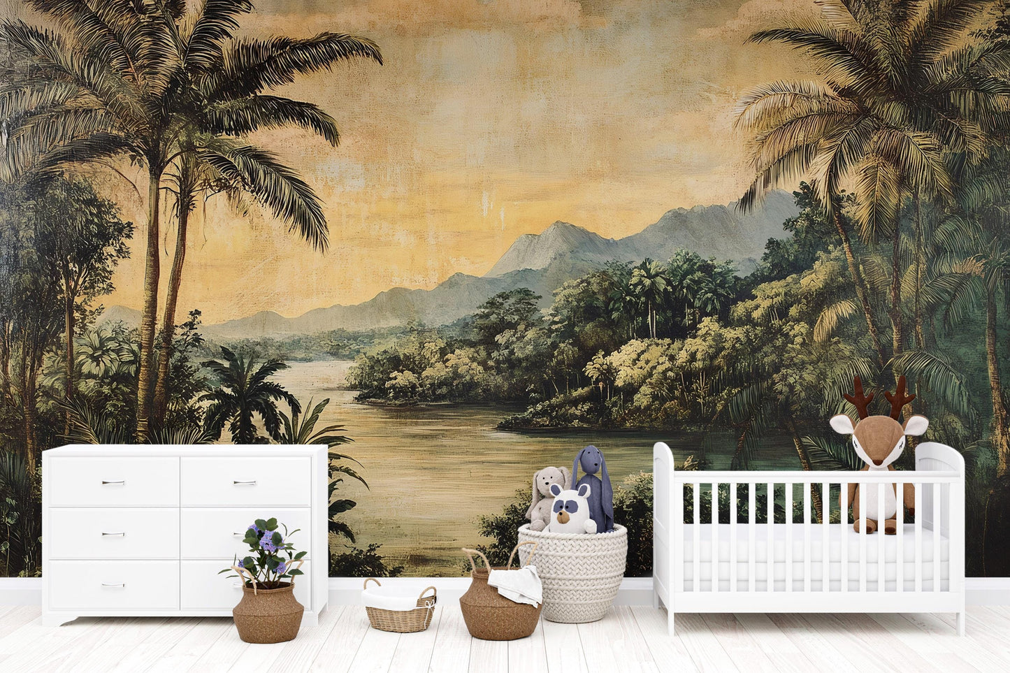 Vintage Tropical Landscape Wall Mural – Rustic Palm Tree River Scene Wallpaper Vn837