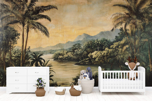Vintage Tropical Landscape Wall Mural – Rustic Palm Tree River Scene Wallpaper Vn837