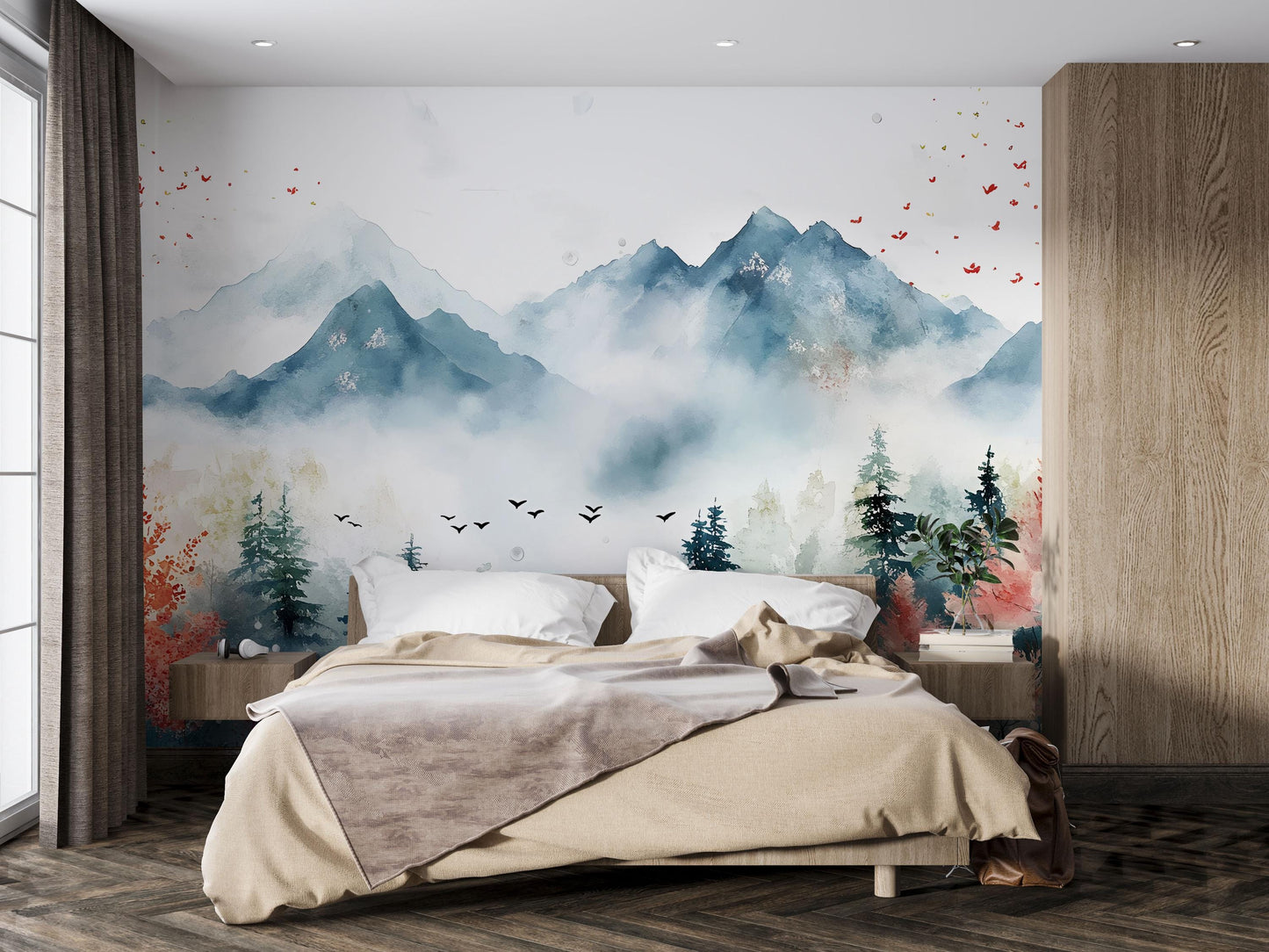 Watercolor Mountain Forest Wall Mural – Scenic Nature Bedroom Wallpaper – Misty Mountains Landscape Art – Removable Peel & Stick Vn698