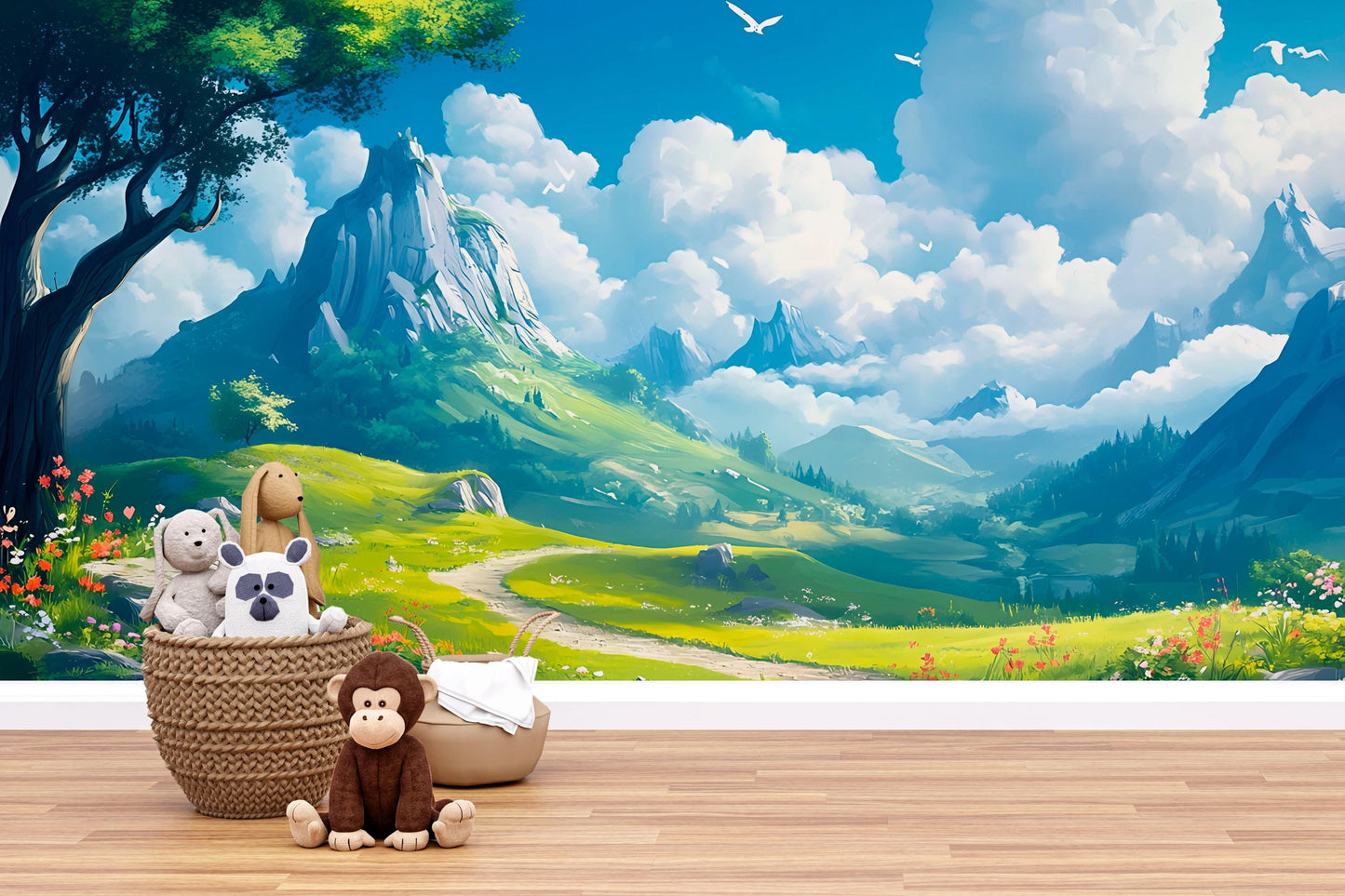 Whimsical Mountain Landscape Wall Mural for Kids Room – Scenic Nature Wallpaper with Clouds, Path, and Forest | Playroom Decor Vn709