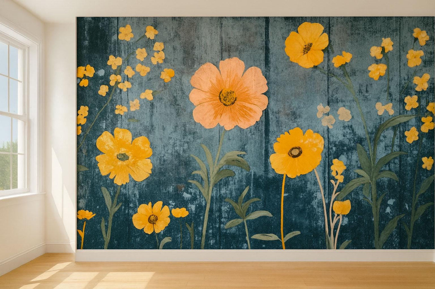 Yellow Floral Wall Mural – Modern Botanical Wallpaper with Rustic Teal Background Vn827