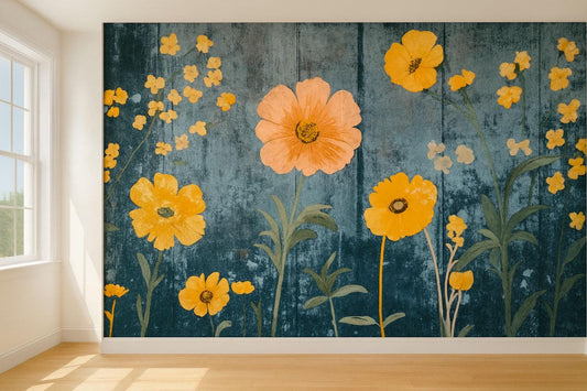 Yellow Floral Wall Mural – Modern Botanical Wallpaper with Rustic Teal Background Vn827