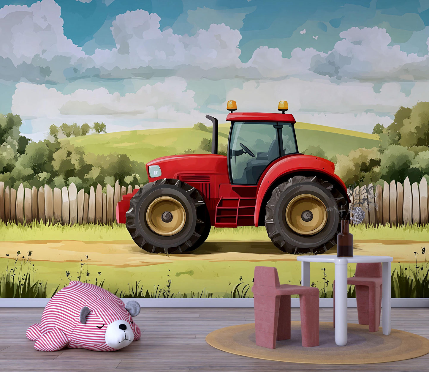 Red Tractor Kids Wall Mural – Farm Scene Wallpaper for Nursery or Playroom – Boys Room Decor – Country Landscape Wall Art Vn624