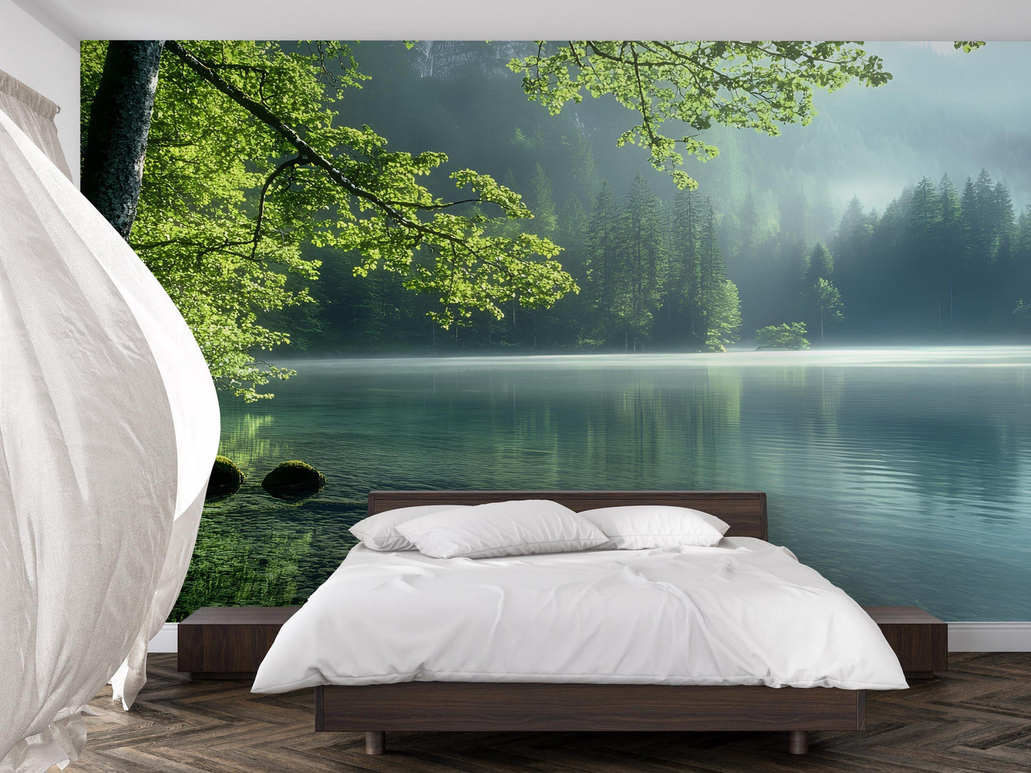 Forest Lake Wall Mural – Serene Nature Bedroom Wallpaper, Tranquil Green Landscape Decor, Removable Large Wall Art Vn479
