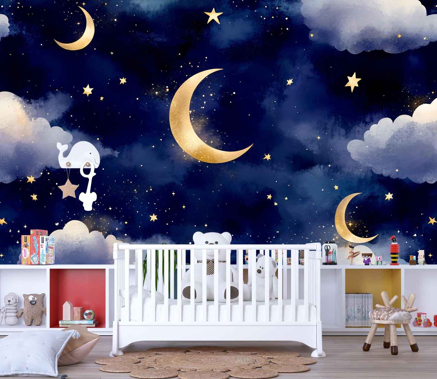 Moon Stars Night Sky Mural – Gold Crescent Cloud Nursery Wallpaper Vn993