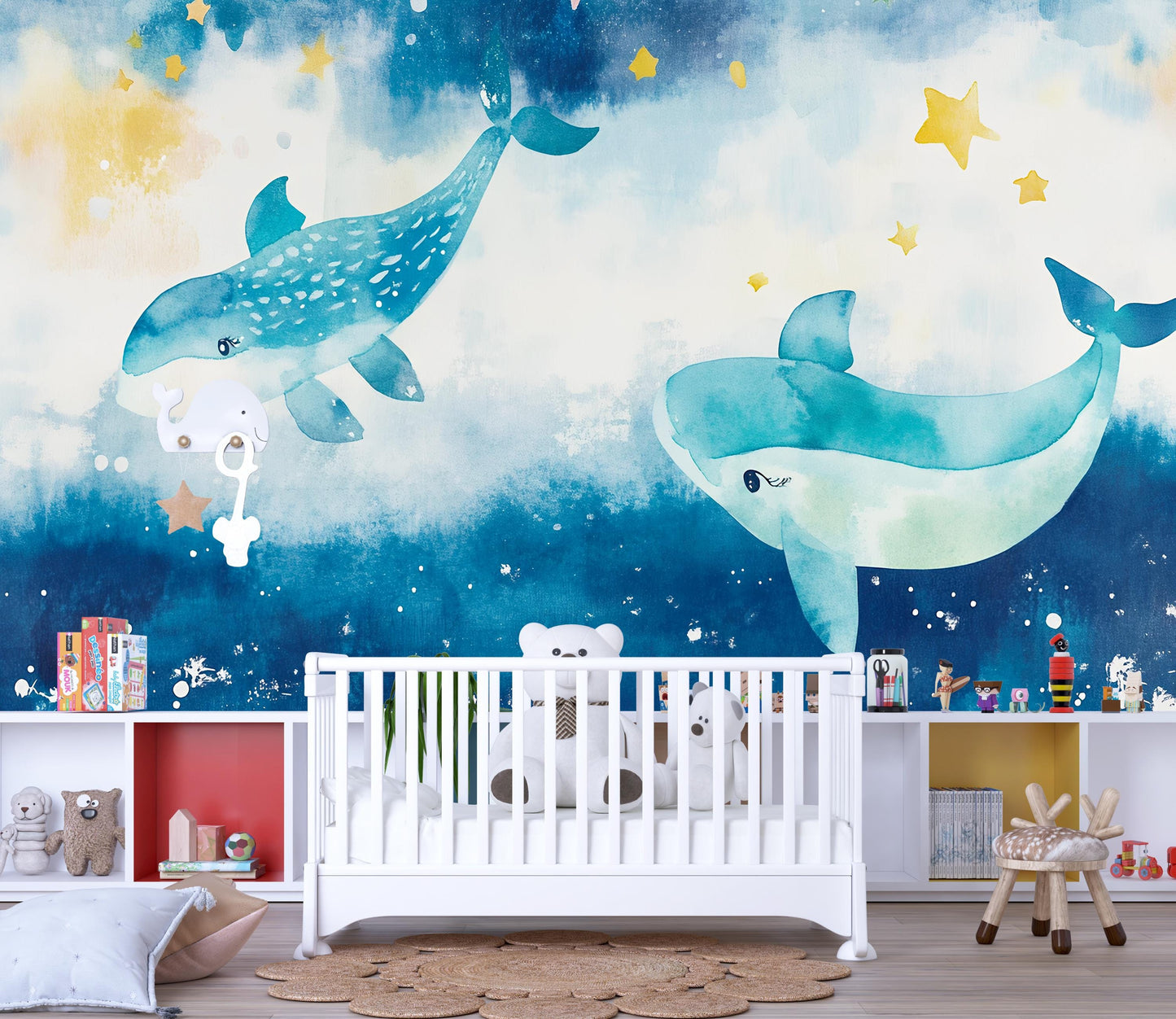 Ocean Whale Nursery Wall Mural – Underwater Sea Theme Baby Room Wallpaper – Cute Blue Whale Wall Art for Kids or Newborn Nursery Vn553