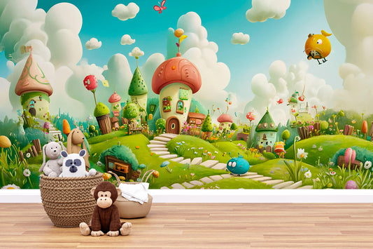 Whimsical Fantasy Wall Mural for Kids Room – Fairy Tale Landscape with Cute Creatures – Colorful Playroom Wallpaper Decor Vn708