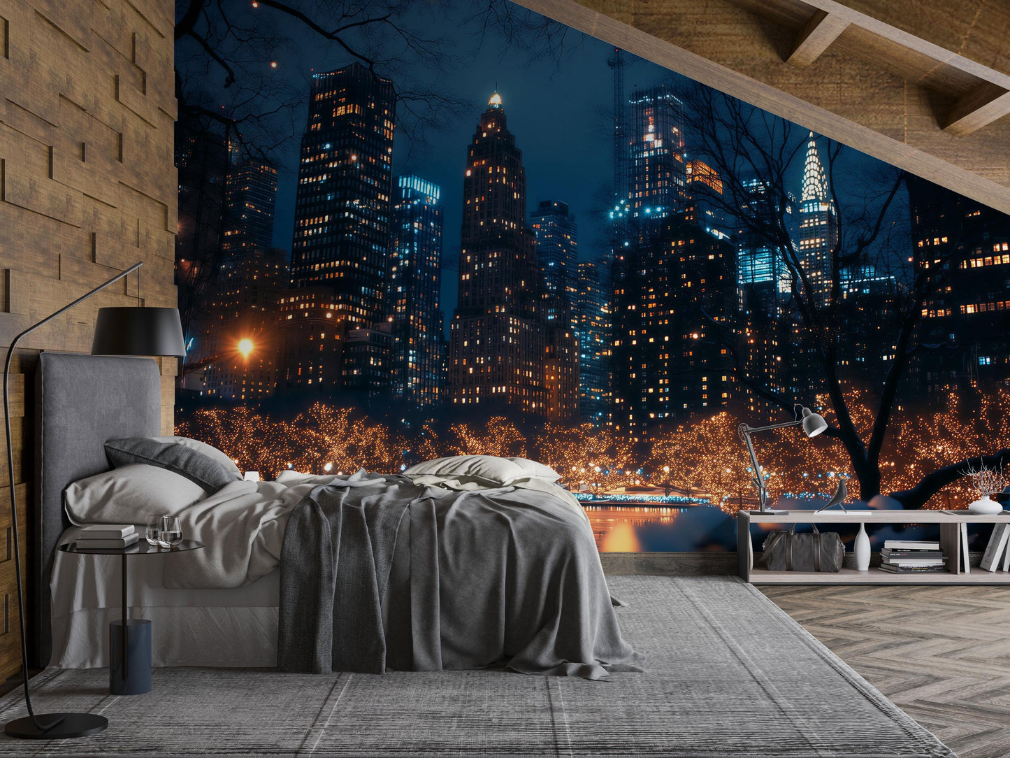 NYC Skyline Wall Mural – Night City Wallpaper with Lights for Bedroom Decor Vn895