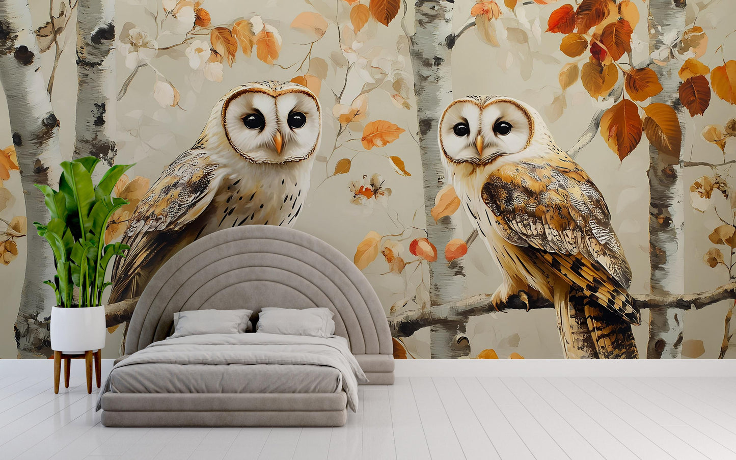 Autumn Owl Forest Mural – Barn Owl Wall Art for Bedroom Decor Vn503