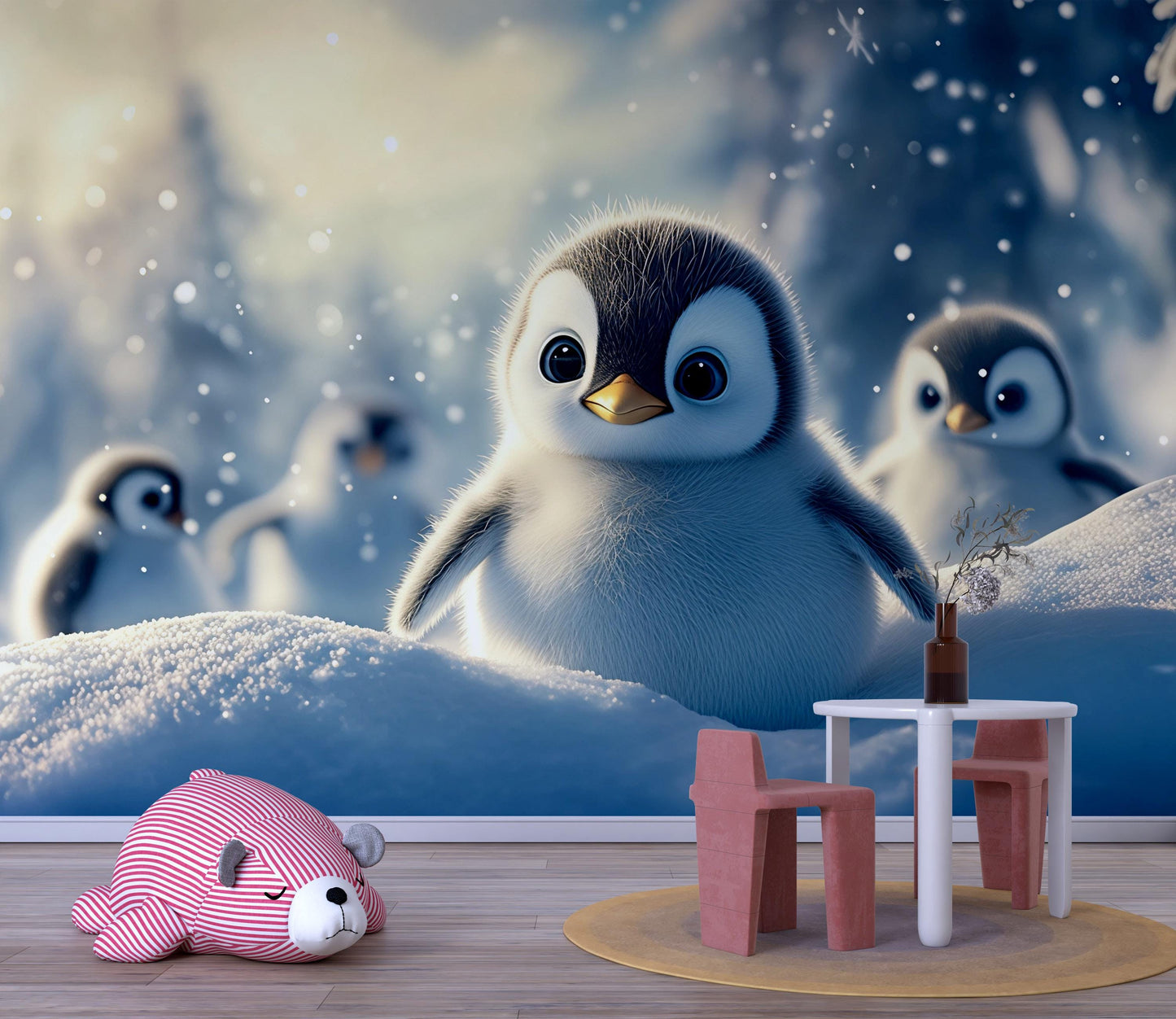 Penguin Nursery Wall Mural – Cute Winter Baby Animal Wallpaper for Kids Room Vn528