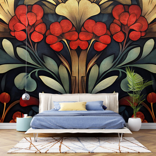 Art Nouveau Floral Wall Mural – Bold Red & Gold Botanical Wallpaper – Vintage Modern Accent Wall Decor for Bedroom or Living Room Vn192