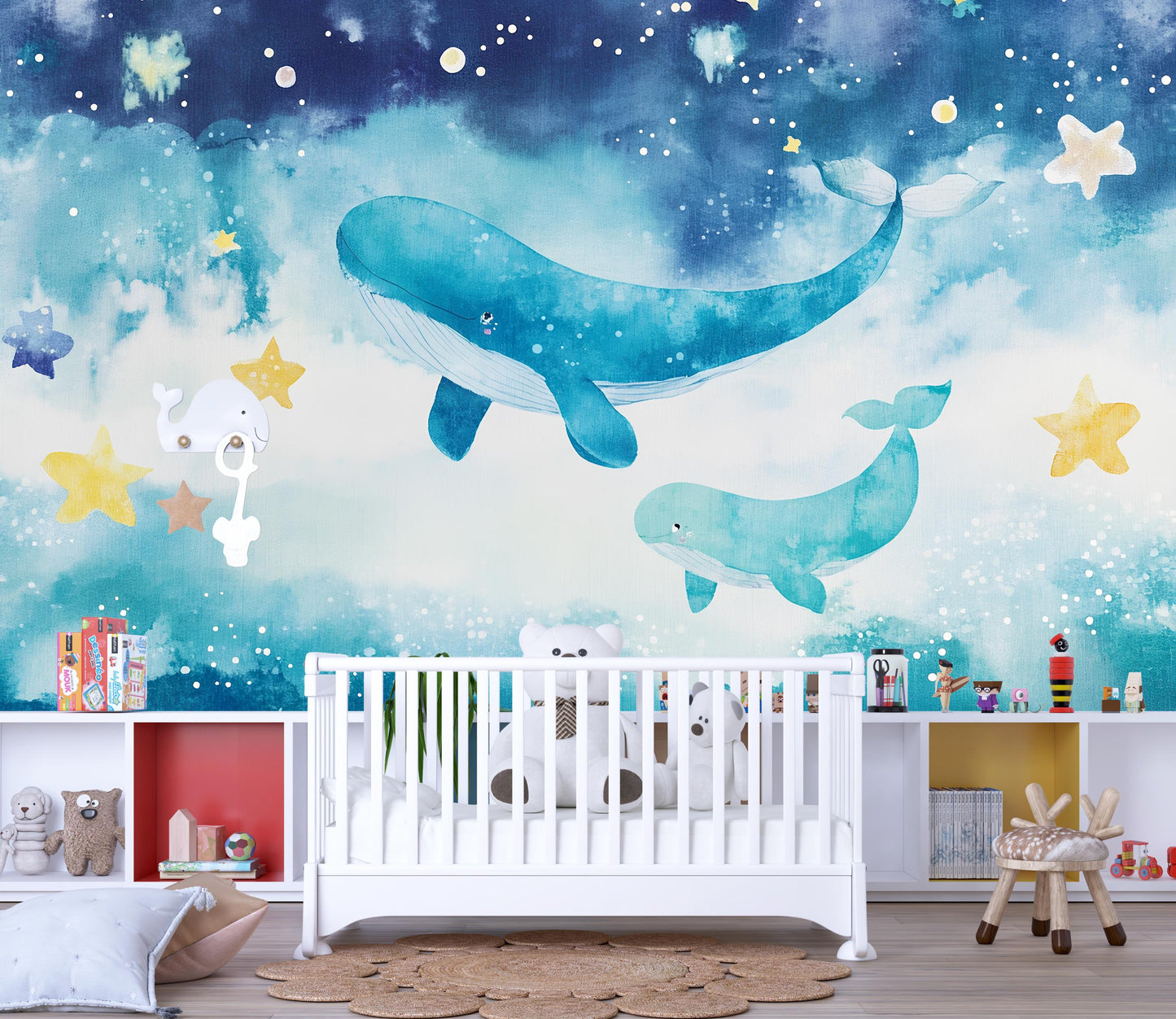 Whale Nursery Wall Mural – Ocean Baby Room Wallpaper – Underwater Sea Wall Art for Kids Room – Blue Whale Decor for Toddler Nursery Vn561