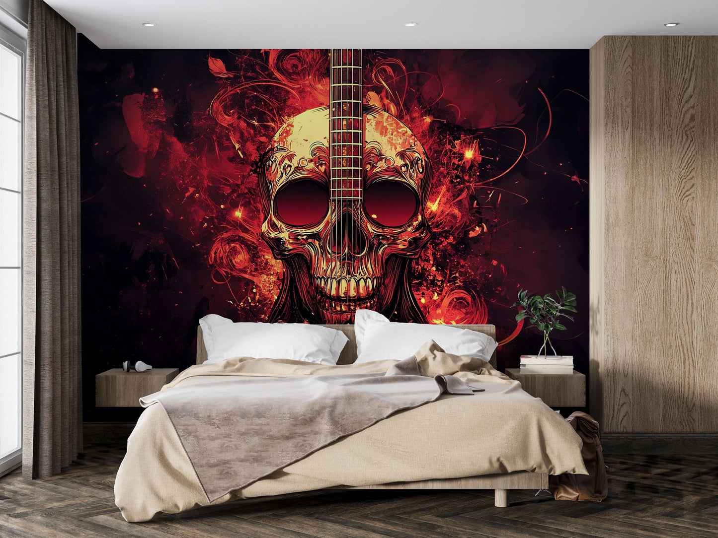 Skull Guitar Wall Mural | Rock Music Bedroom Decor | Gothic Fire Skull Art Wallpaper | Cool Musician Wall Art Vn720