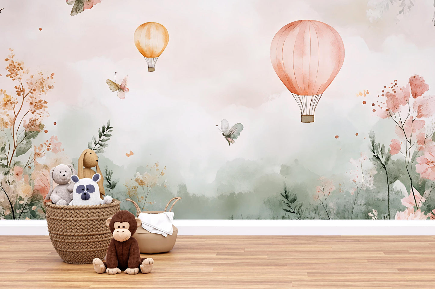 Hot Air Balloon Nursery Wall Mural – Boho Baby Room Wallpaper – Soft Pastel Floral and Butterfly Nature Theme Vn556